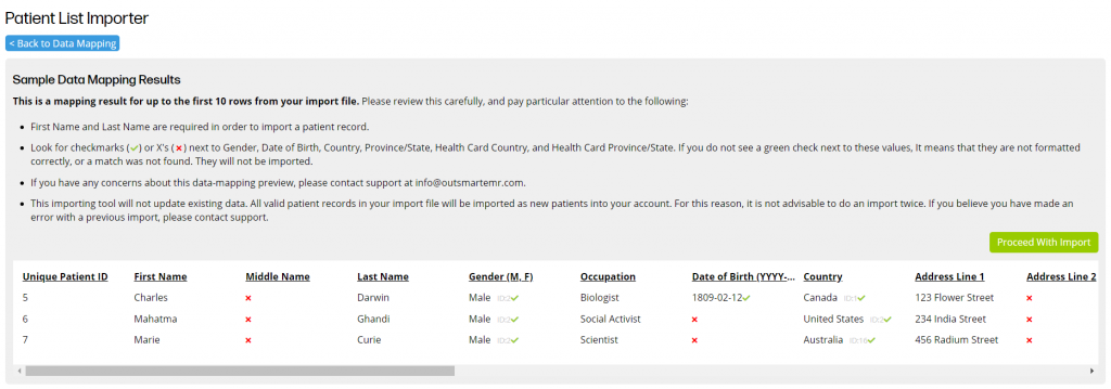How do I verify my mapping of patient data into OutSmart before I confirm the import - shows the confirmation mapping of a few sample patients before the actual import of patient data. 